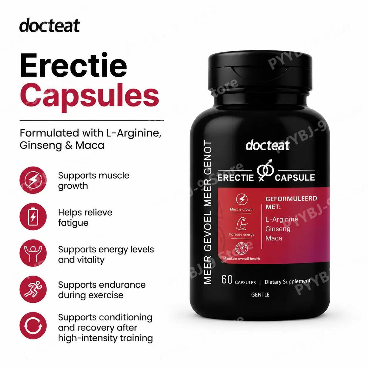 Docteat L-Arginine Ginseng Maca Capsules for Men, Energy Endurance Muscle Growth & Recovery Support, Gentle, 60 Capsules