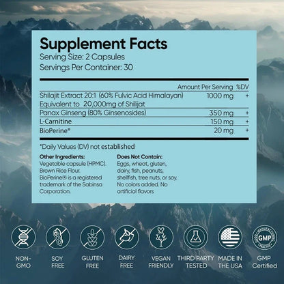 Pure Himalayan Shilajit Supplement 60 Capsules 60% Fulvic Acid 85 Trace Minerals Containing Ginseng and L-Carnitine