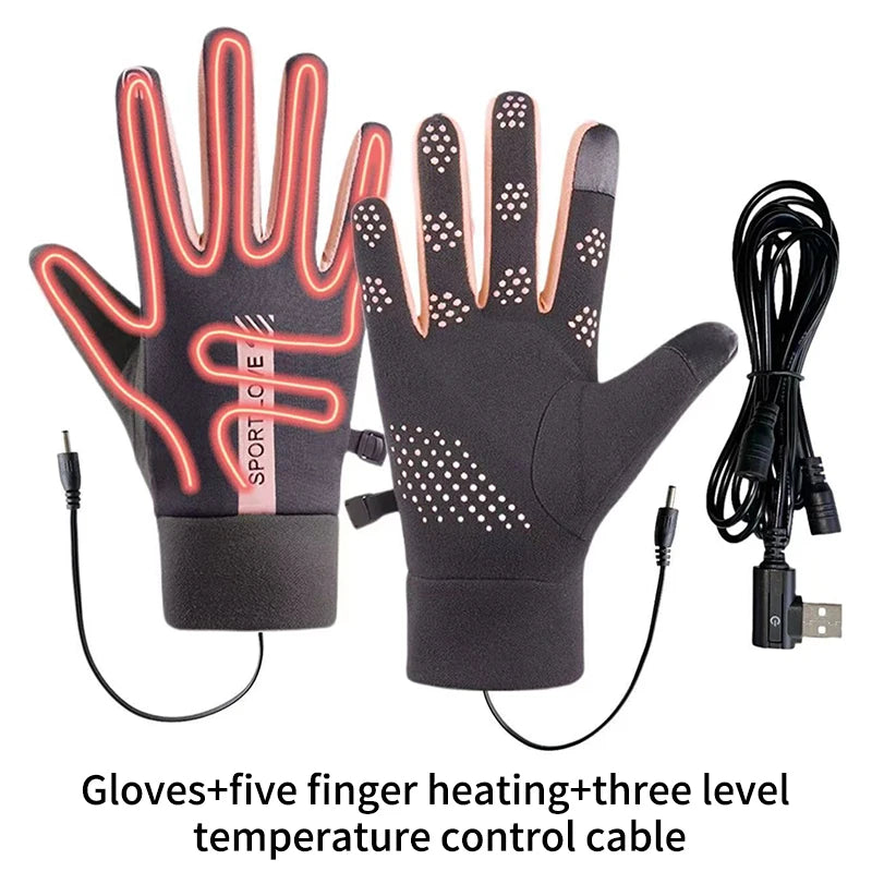 USB Rechargeable Heated Gloves Adjustable Temperature Anti Slip Touch Screen Thickened Warm for Skiing Cycling Winter Outdoor