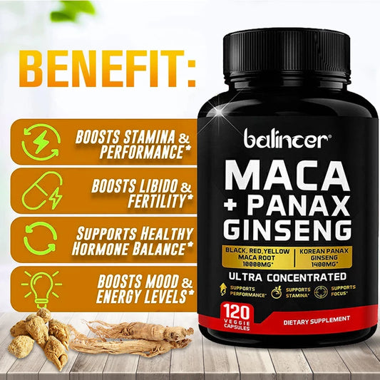 Maca & Ginseng Capsules 10000mg (Yellow+Red+Black) Extract, Strength, Endurance, Muscle Mass, Energy & Muscle Support