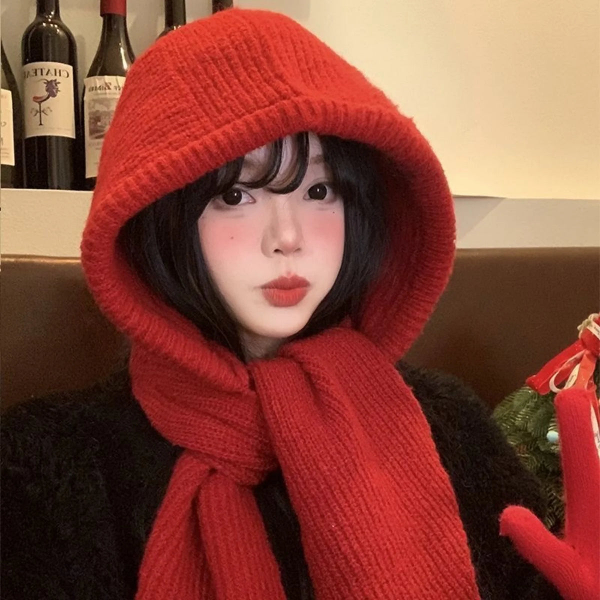 Korean Balaclava Bonnet Women Skullies Beanies Hat Scarf One-piece Thickened Warm Neck Protection Winter Accessories Knitted Law