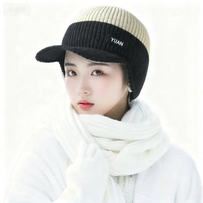 Men Thermal Warm Knit Hat With Ear Protection & Visor Windproof Fleece Lined Winter Beanie Outdoor Ski Driving Coldproof Cap