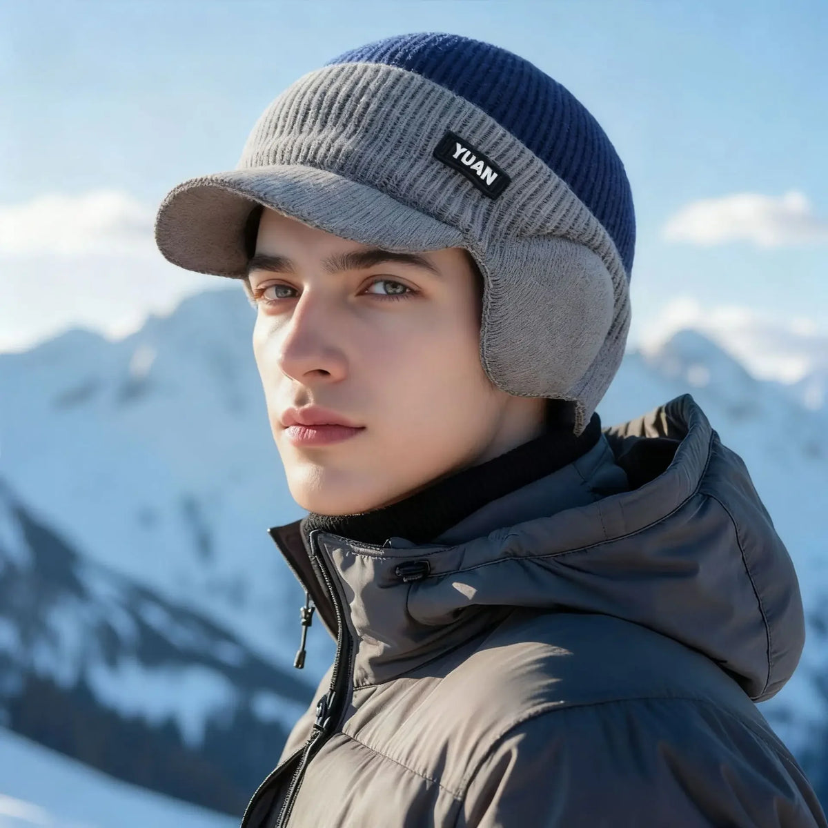 Men Thermal Warm Knit Hat With Ear Protection & Visor Windproof Fleece Lined Winter Beanie Outdoor Ski Driving Coldproof Cap
