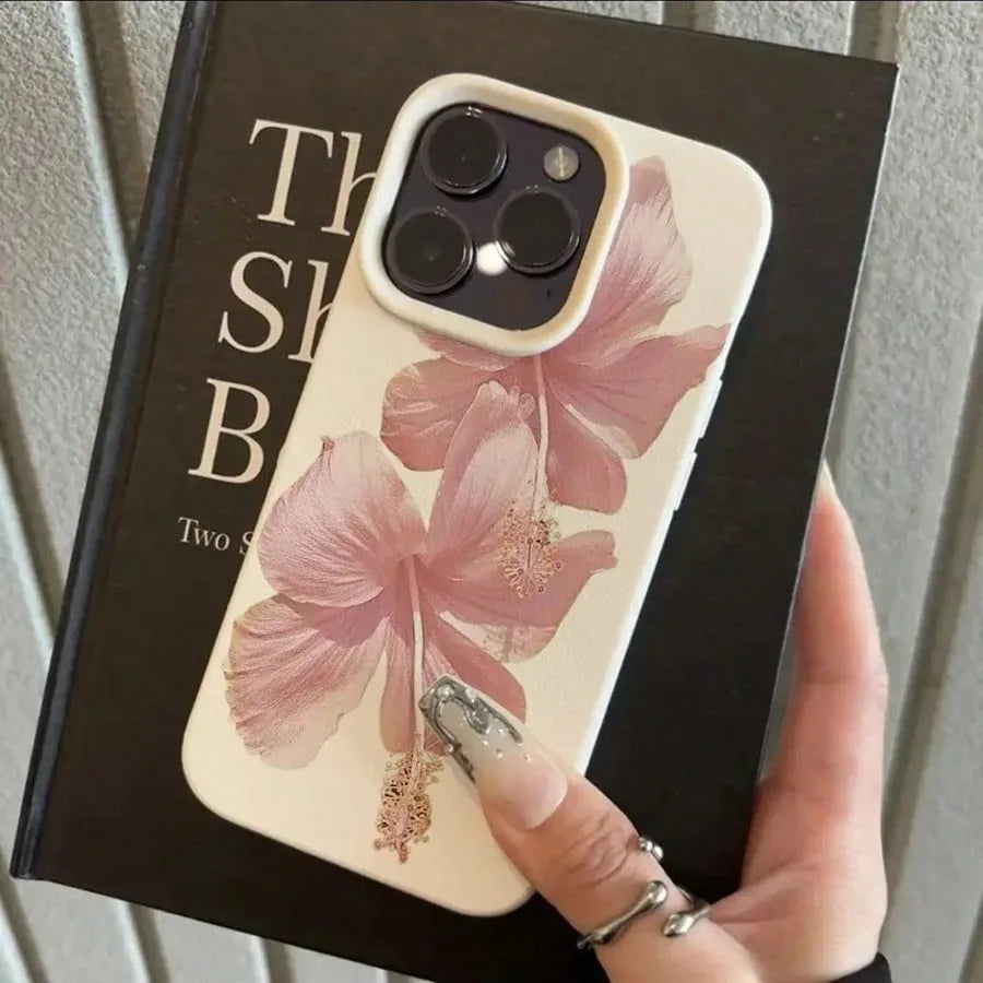 Pink Hibiscus Elegant High Aesthetic Phone Case For iPhone 16 Pro Max 15 14 13 12 11 16 15 14 Plus Anti-Drop Protective Cover
