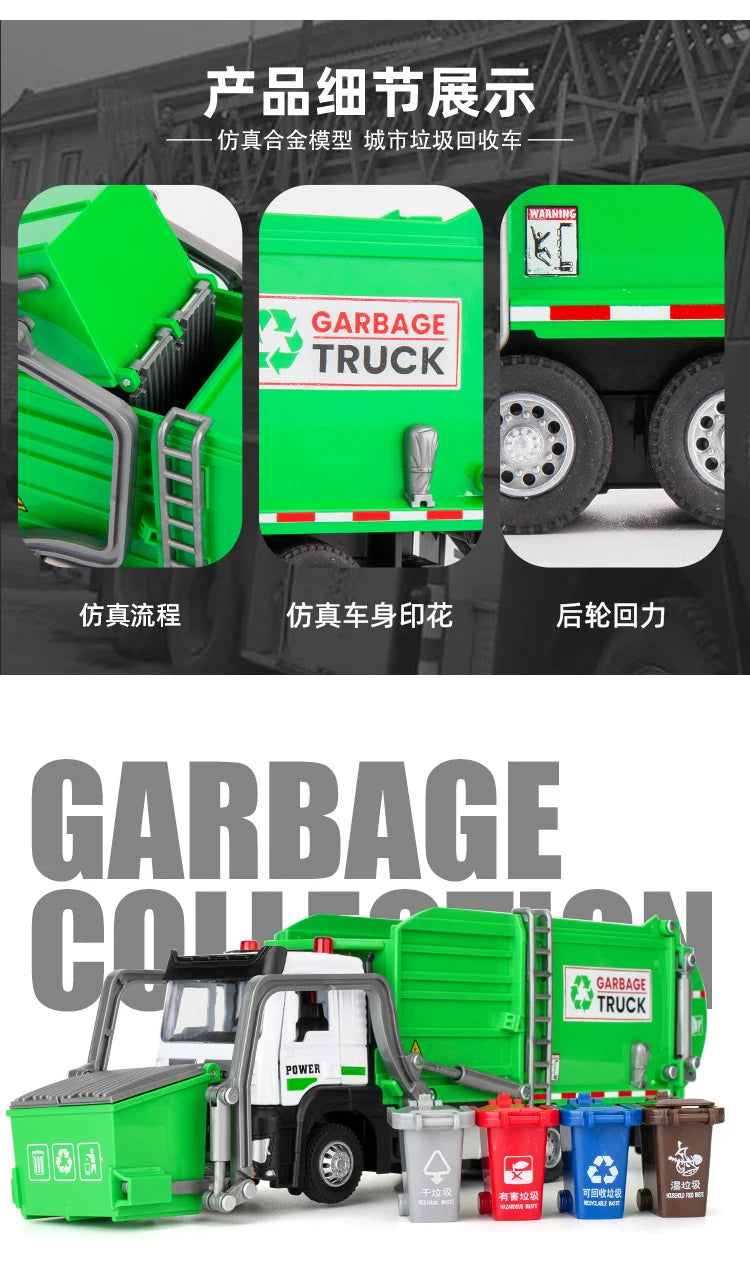 1/32 Garbage Collection Truck Car Model City Garbage Sorting Sanitation Clearing Vehicle Car Model Sound and Light Kids Toy Gift