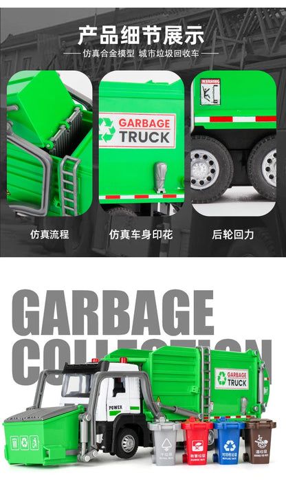 1/32 Garbage Collection Truck Car Model City Garbage Sorting Sanitation Clearing Vehicle Car Model Sound and Light Kids Toy Gift