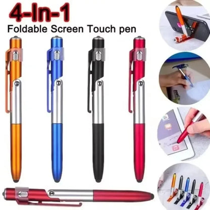 Multifunction 4-in-1 Foldable Ballpoint Pen Stylus (Flashlight + Support) for Tablet Cellphone
