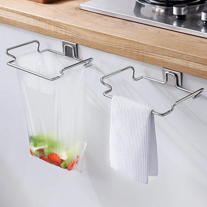 Kitchen Non Perforated Stainless Steel Garbage Rack With Hanging Bracket, Cabinet Door With Cloth And Garbage Bag Storage Rack