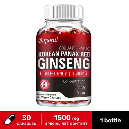 Korean Red Panax Ginseng Capsules - Increases Energy, Mood, Stamina & Performance Supports Mental Health