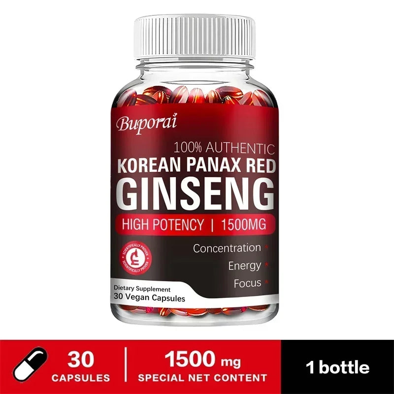 Korean Red Panax Ginseng Capsules - Increases Energy, Mood, Stamina & Performance Supports Mental Health