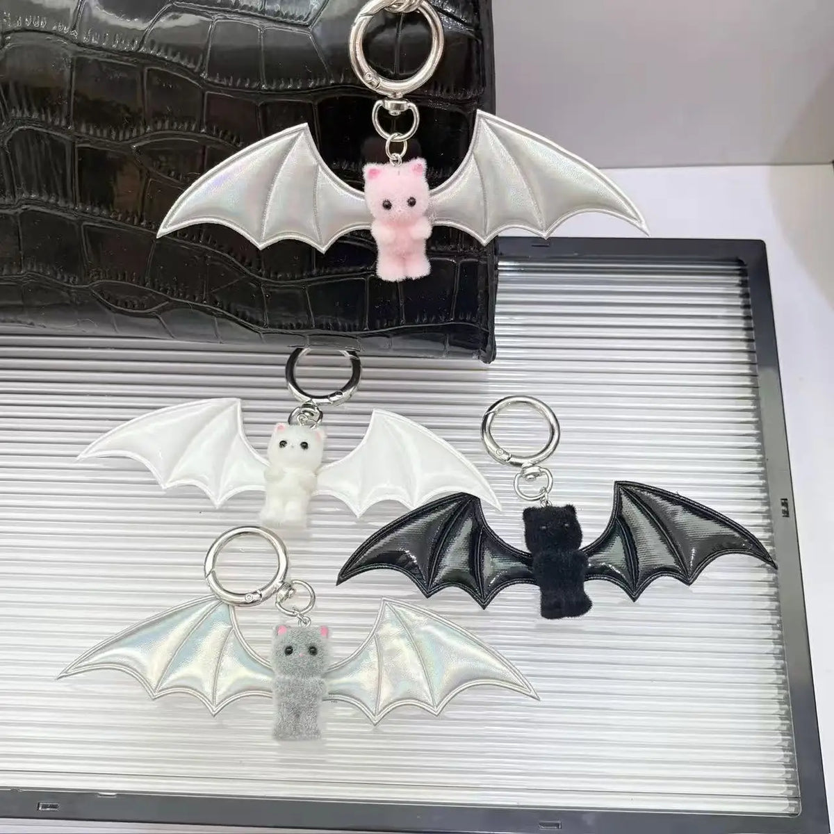 Cross border Sweet Cool Hot Girl Little Bear Wings KeychainBlack and WhiteBat BagPendant MobilePhoneHanger Halloween Accessories