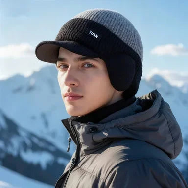 Men Thermal Warm Knit Hat With Ear Protection & Visor Windproof Fleece Lined Winter Beanie Outdoor Ski Driving Coldproof Cap