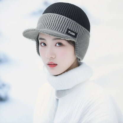 Men Thermal Warm Knit Hat With Ear Protection & Visor Windproof Fleece Lined Winter Beanie Outdoor Ski Driving Coldproof Cap