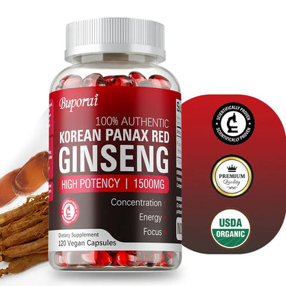 Korean Red Panax Ginseng Capsules - Supports Overall Health & Performance, Improves Mental Focus and Vitality, and Boosts Energy