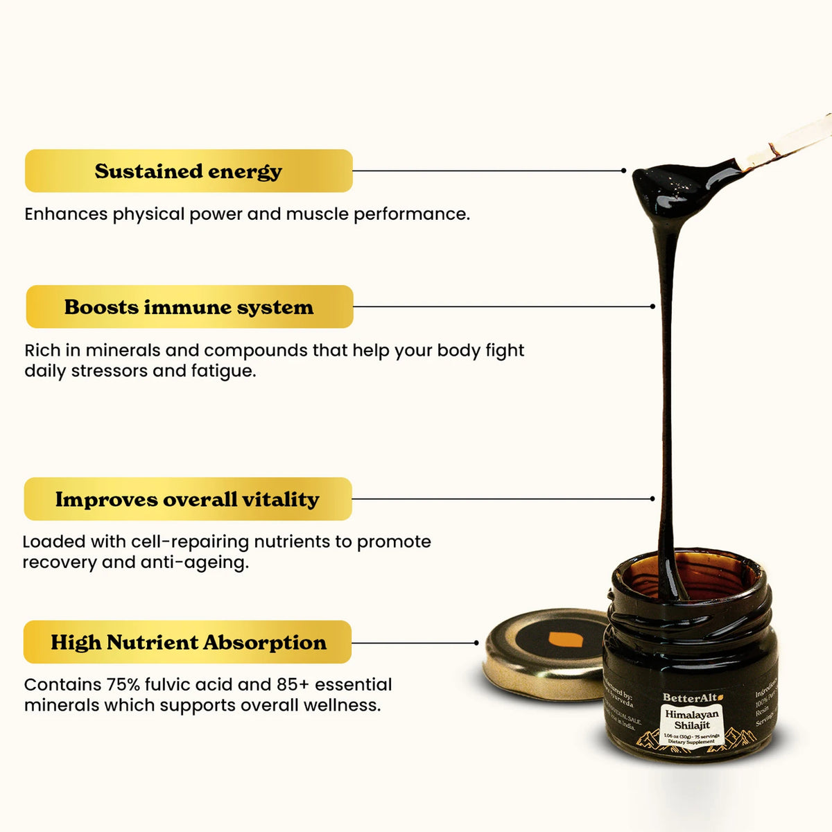 Pure Himalayan Shilajit Resin High Potency Gold Grade 75%+ Fulvic Acid 85+ Trace Minerals Resin for Energy Boost & Immune Suppor