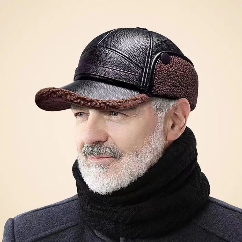 Leather Hat Winter Waterproof Thicken Earmuffs Warm Russian Ski Hat Windproof Cold Flat Cap For Elder Men Women Essential Winter
