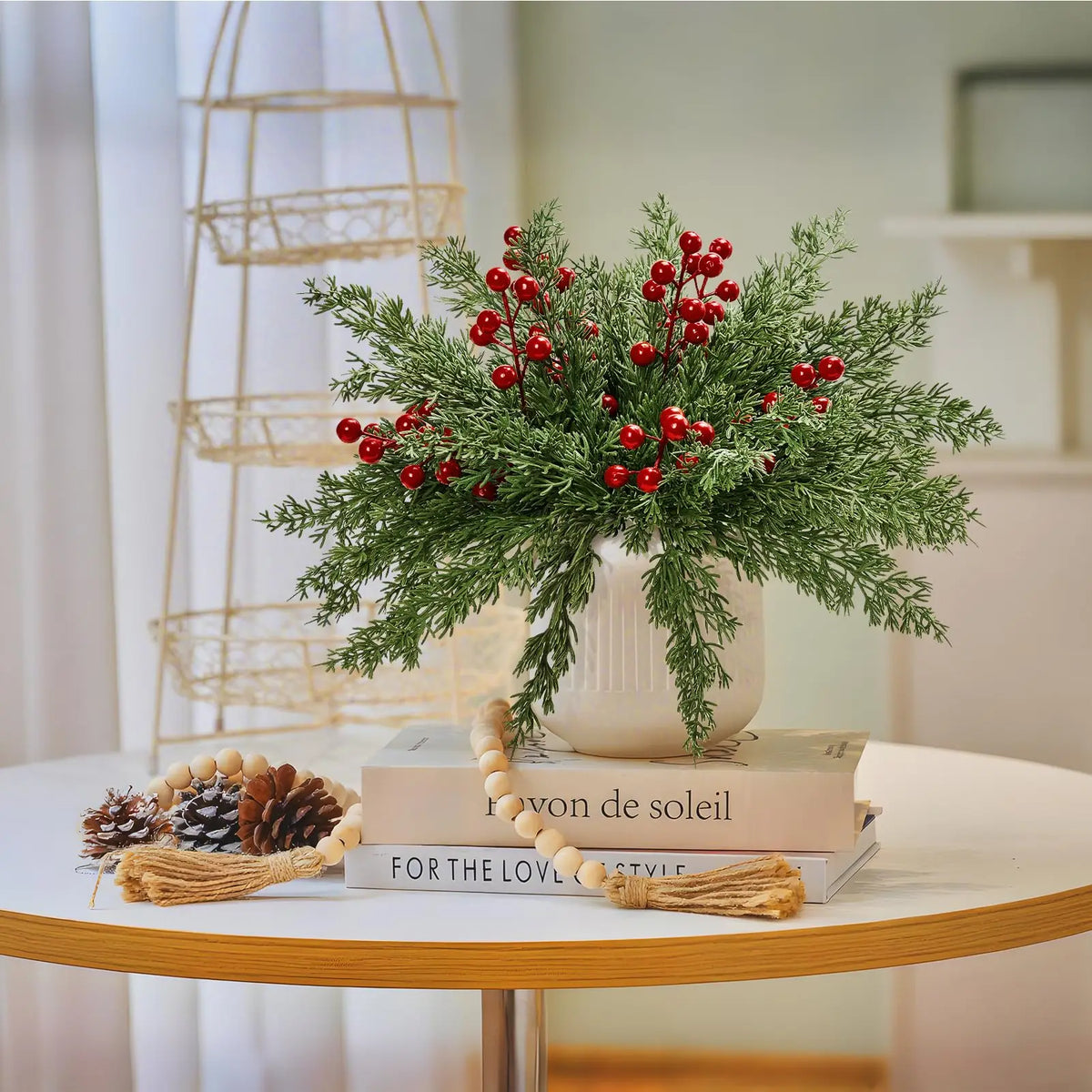 15pcs Artificial Pine Branches with Red Berry Stems Faux Christmas Greenery Pine Cypress DIY Craft Garland Home Christmas Decor