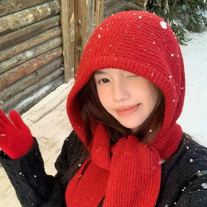 Korean Balaclava Bonnet Women Skullies Beanies Hat Scarf One-piece Thickened Warm Neck Protection Winter Accessories Knitted Law