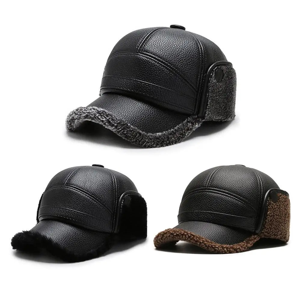 Leather Hat Winter Waterproof Thicken Earmuffs Warm Russian Ski Hat Windproof Cold Flat Cap For Elder Men Women Essential Winter