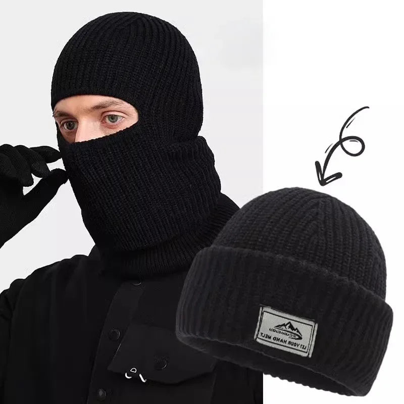 2 In1 Winter Mask Beanies Hats Warm Knitted Balaclava Hats Windproof Solid Full Face Ski Bonnet Tactical Cycling Earmuffs Cap