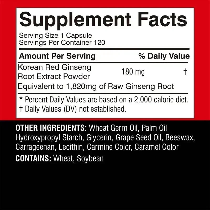 Korean Red Ginseng Supplement - Supports Brain Function and Immune Health, Boosts Energy Production, Relieves Stress, Non-GMO