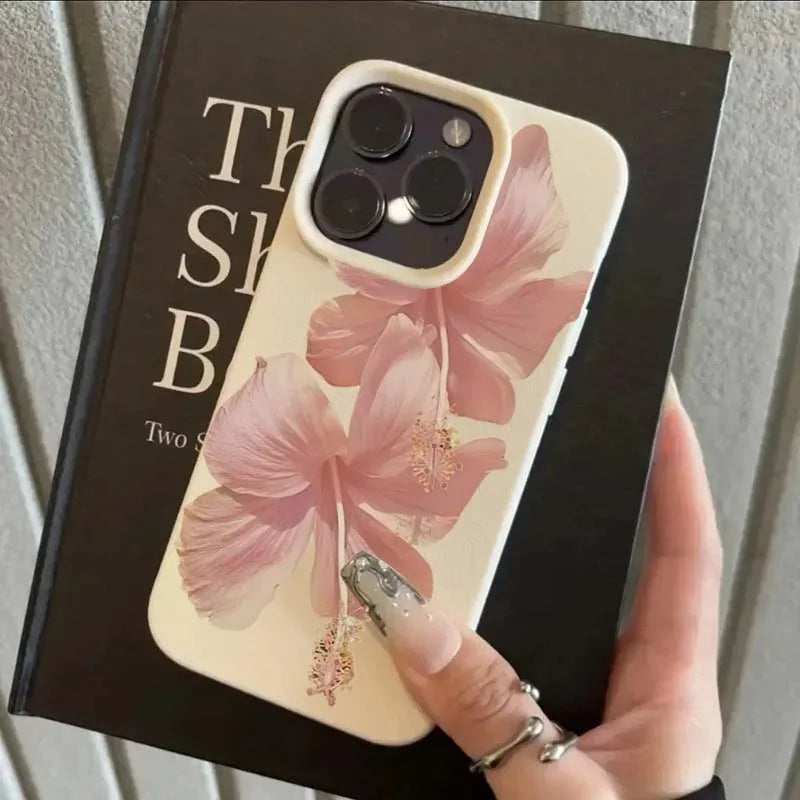 Pink Hibiscus Elegant High Aesthetic Phone Case For iPhone 16 Pro Max 15 14 13 12 11 16 15 14 Plus Anti-Drop Protective Cover