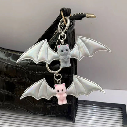 Cross border Sweet Cool Hot Girl Little Bear Wings KeychainBlack and WhiteBat BagPendant MobilePhoneHanger Halloween Accessories