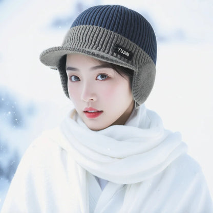 Men Thermal Warm Knit Hat With Ear Protection & Visor Windproof Fleece Lined Winter Beanie Outdoor Ski Driving Coldproof Cap
