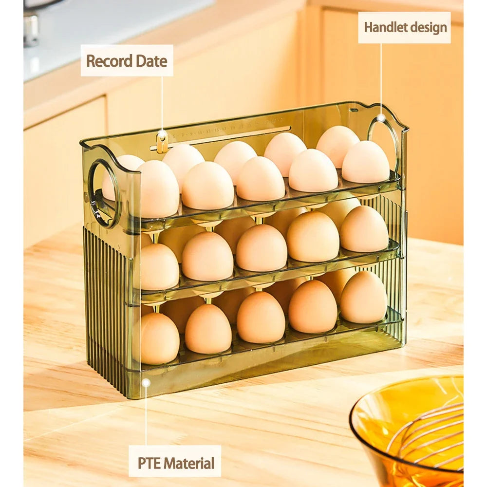 Kitchen Large Capacity Egg Fridge Storage Box - Portable Multi-Layer Egg Tray Organizer, Auto Opening/Closing Egg Holder