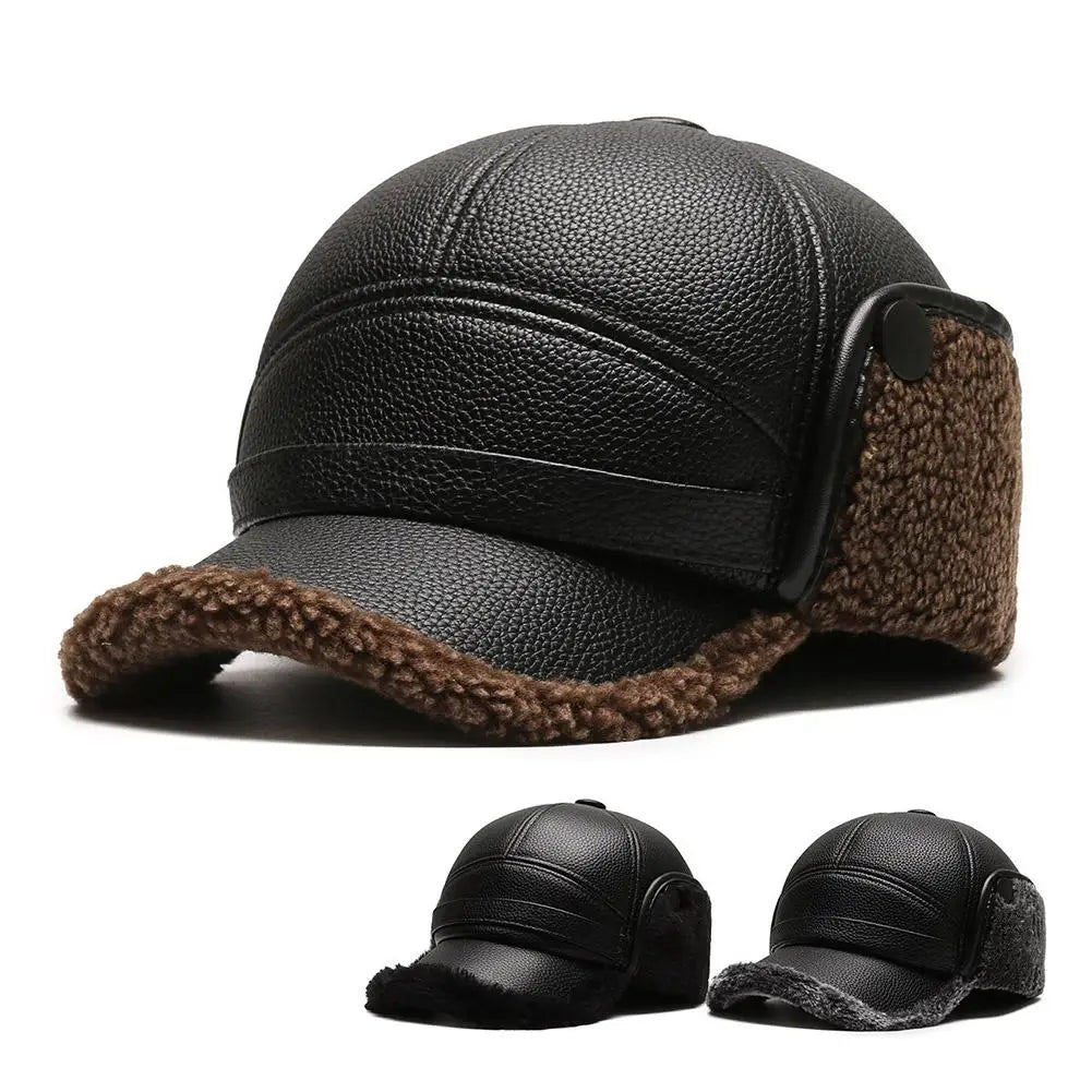 Leather Hat Winter Waterproof Thicken Earmuffs Warm Russian Ski Hat Windproof Cold Flat Cap For Elder Men Women Essential Winter