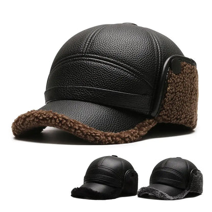 Leather Hat Winter Waterproof Thicken Earmuffs Warm Russian Ski Hat Windproof Cold Flat Cap For Elder Men Women Essential Winter