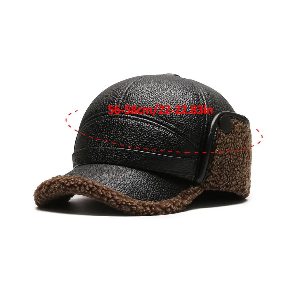 Leather Hat Winter Waterproof Thicken Earmuffs Warm Russian Ski Hat Windproof Cold Flat Cap For Elder Men Women Essential Winter