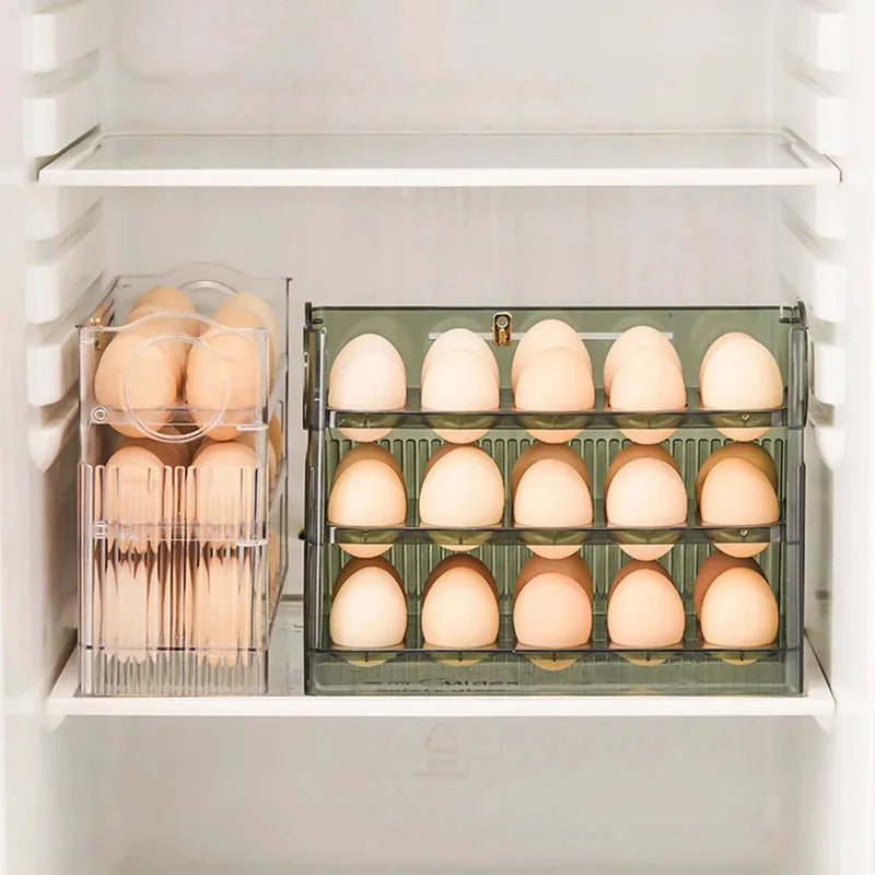 Kitchen Large Capacity Egg Fridge Storage Box - Portable Multi-Layer Egg Tray Organizer, Auto Opening/Closing Egg Holder