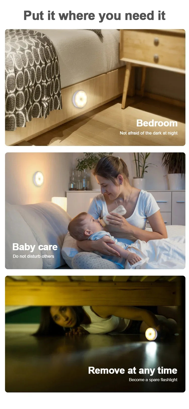 HPH LED Motion Sensor Light 3PCS USB Rechargeable Night Light for Kitchen Cabinet Wardrobe Staircase Closet Wireless Light