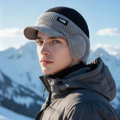 Men Thermal Warm Knit Hat With Ear Protection & Visor Windproof Fleece Lined Winter Beanie Outdoor Ski Driving Coldproof Cap