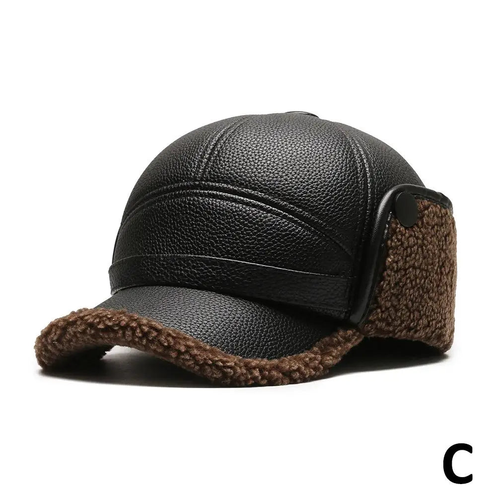 Leather Hat Winter Waterproof Thicken Earmuffs Warm Russian Ski Hat Windproof Cold Flat Cap For Elder Men Women Essential Winter