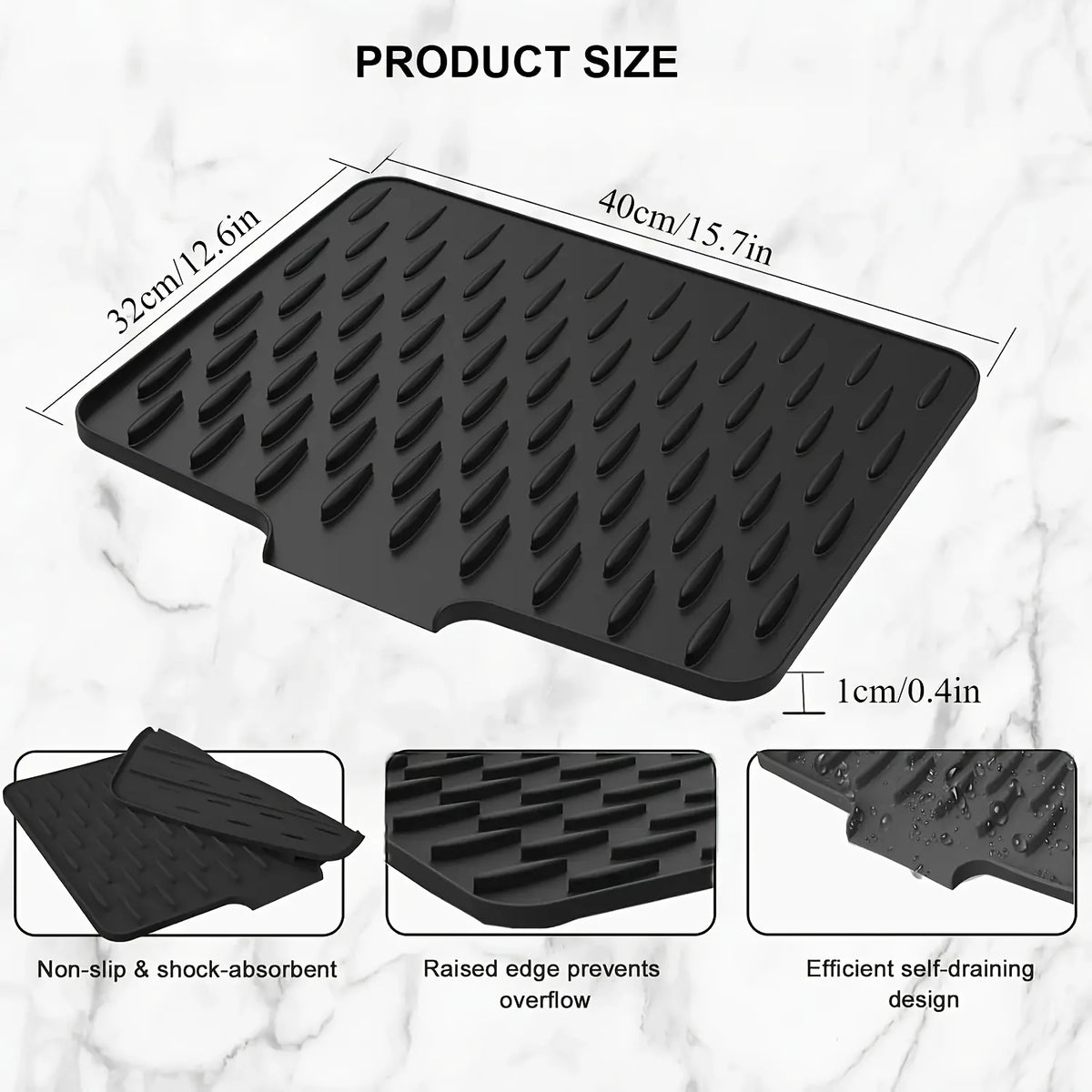 Kitchen Silicone Drain Mat with Built-in Drainage Design, Easy to Clean, Suitable for Countertops, Sinks, Refrigerators