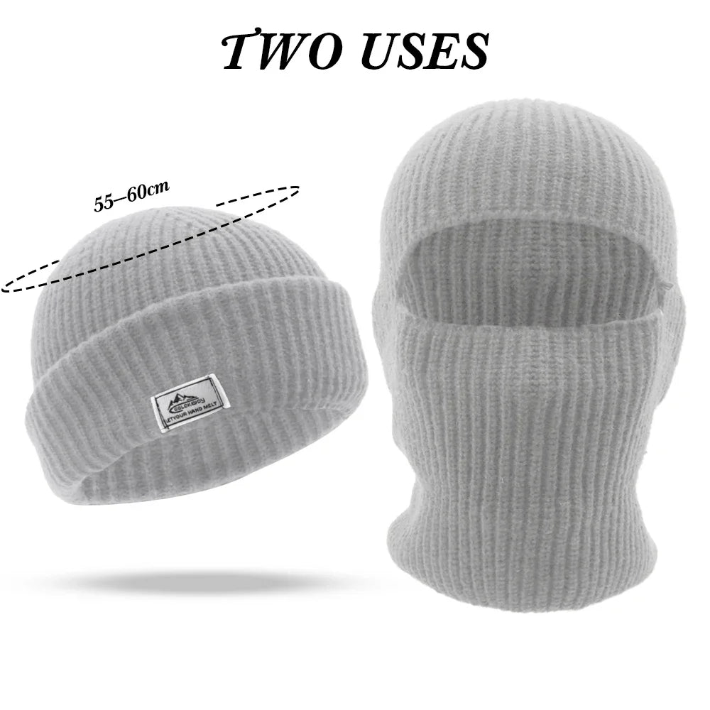 2 In1 Winter Mask Beanies Hats Warm Knitted Balaclava Hats Windproof Solid Full Face Ski Bonnet Tactical Cycling Earmuffs Cap