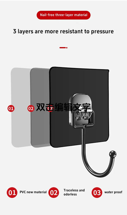Big Size Hooks Heavy Duty 22 lbs Waterproof Adhesive Wall Hooks Nail-Free Transparent Waterproof Hooks for Kitchen Bathroom